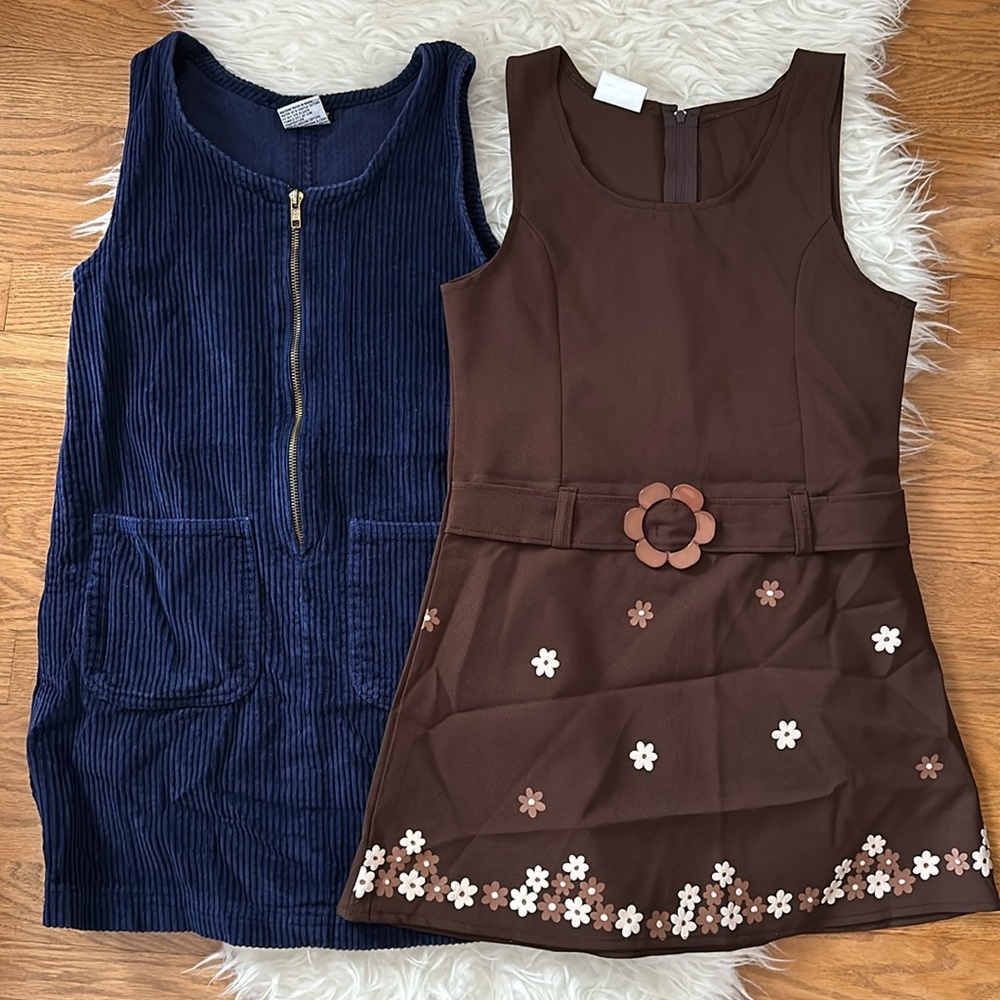 Lot of 2 Vintage Girls Dresses Outline Corduroy & Brown w/Floral Buckle